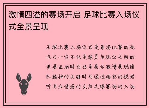 激情四溢的赛场开启 足球比赛入场仪式全景呈现