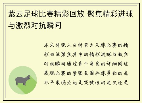 紫云足球比赛精彩回放 聚焦精彩进球与激烈对抗瞬间