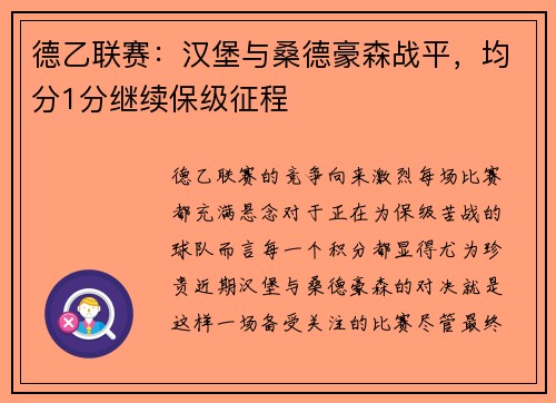 德乙联赛：汉堡与桑德豪森战平，均分1分继续保级征程