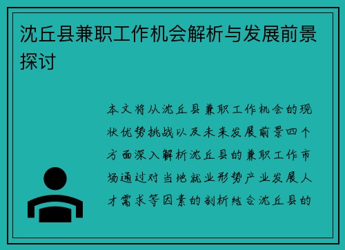 沈丘县兼职工作机会解析与发展前景探讨
