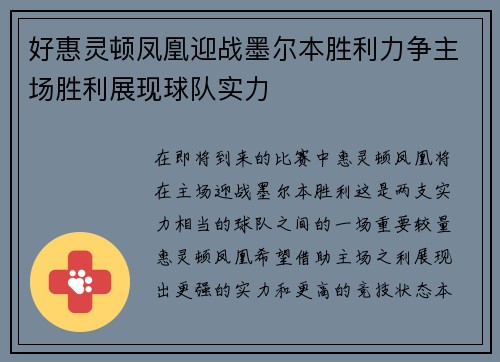 好惠灵顿凤凰迎战墨尔本胜利力争主场胜利展现球队实力