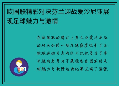 欧国联精彩对决芬兰迎战爱沙尼亚展现足球魅力与激情