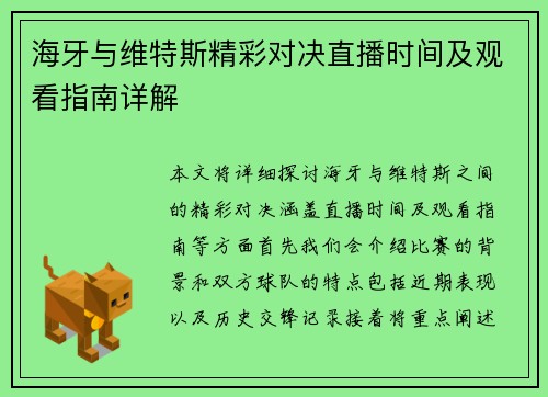 海牙与维特斯精彩对决直播时间及观看指南详解