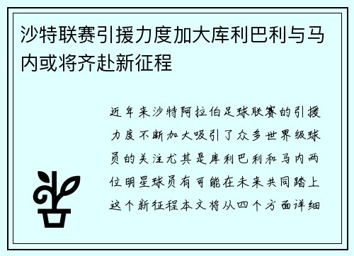 沙特联赛引援力度加大库利巴利与马内或将齐赴新征程