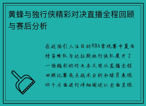 黄蜂与独行侠精彩对决直播全程回顾与赛后分析