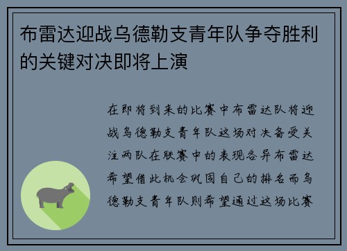 布雷达迎战乌德勒支青年队争夺胜利的关键对决即将上演