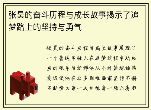 张昊的奋斗历程与成长故事揭示了追梦路上的坚持与勇气