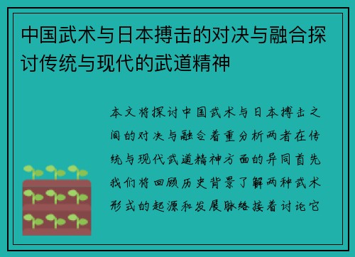 中国武术与日本搏击的对决与融合探讨传统与现代的武道精神