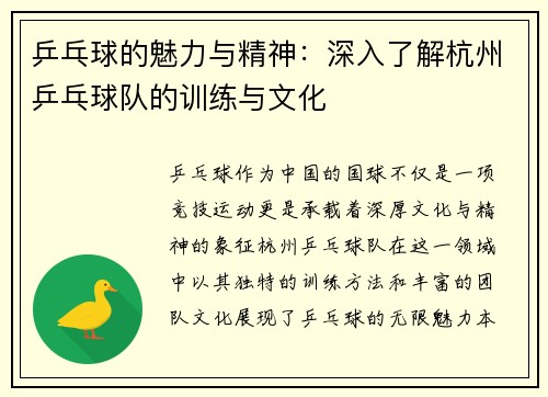 乒乓球的魅力与精神：深入了解杭州乒乓球队的训练与文化